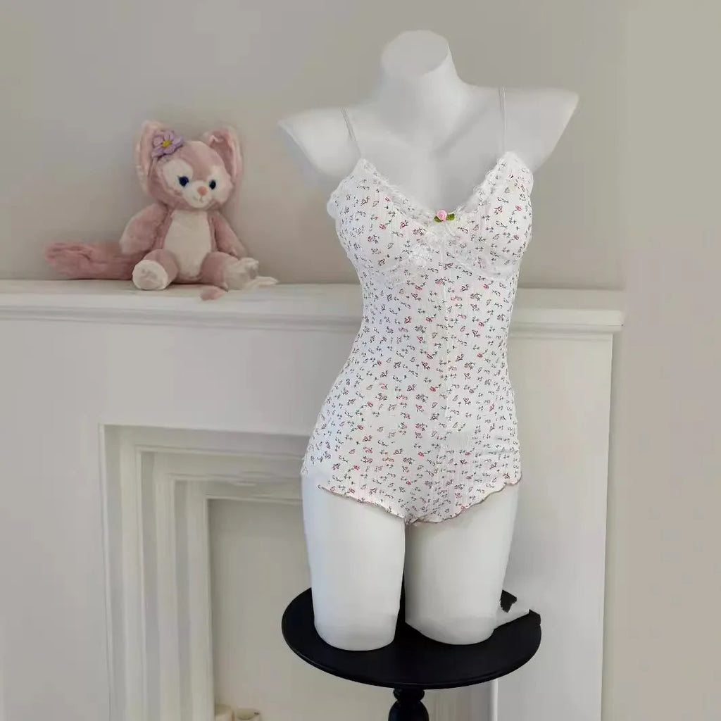 Body imprimé floral avec dentelle — Justaucorps slim sans manches